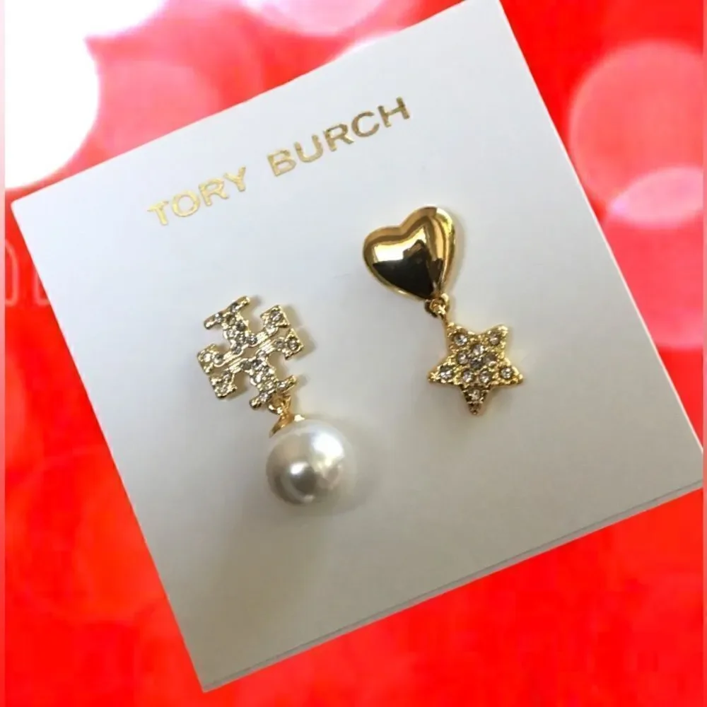 TORY BURCH MISMATCHED PEARL, HEART START DOUBLE T LOGO EARRINGS 14K GOLD/BRASS